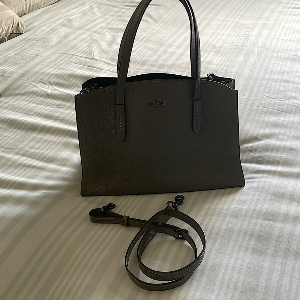 Coach Bag is 12x10 & 3 pocket with zip middle. Lightly used & carry/cross body.